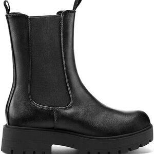 COPY - - mysoft women's Chelsea Combat Boots Mid Calf Platform Chunky Heel black